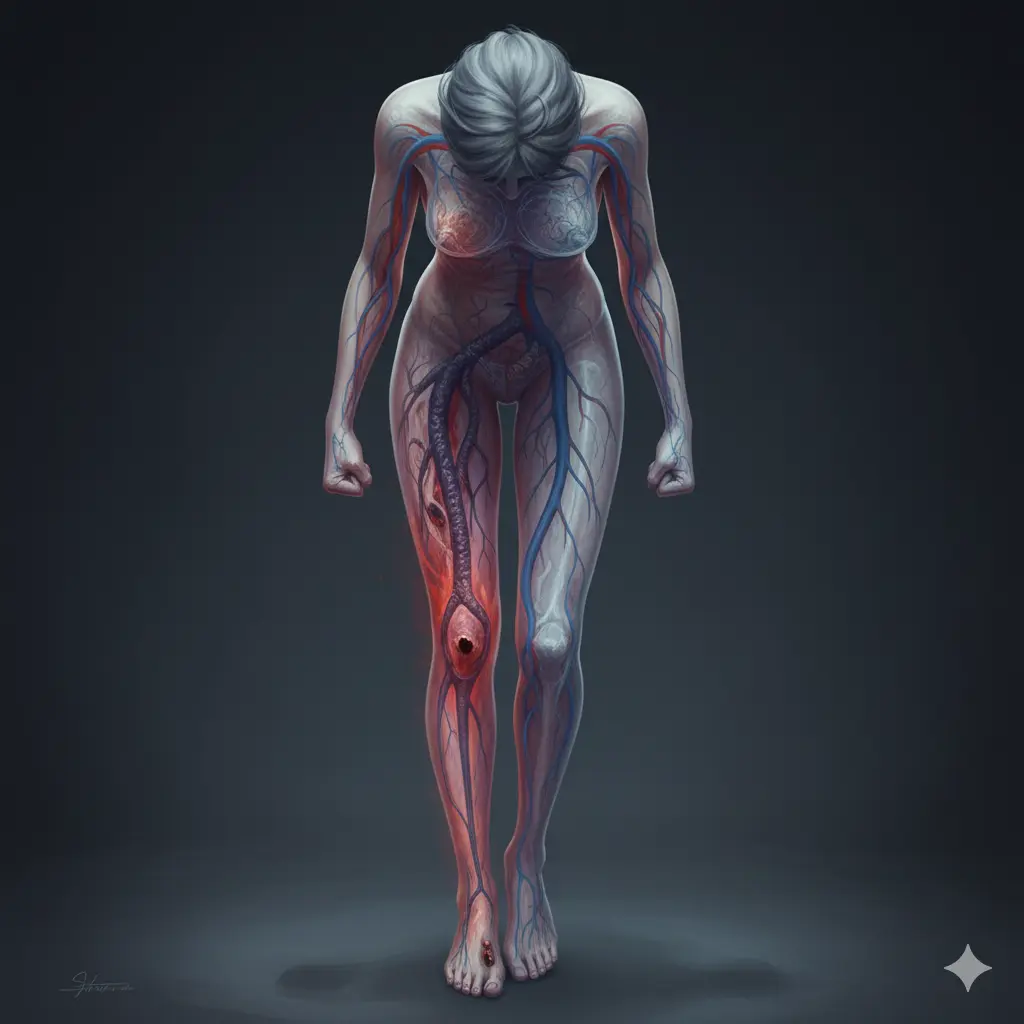 Periferik damar hastalığının etkilerini gösteren gerçekçi bir kadın figürü. Vücudun bir tarafında kızarıklık, yaralar ve belirgin damar tıkanıklıkları ile ağrıyı ve hastalığın yıkıcı etkisini vurgulayan koyu renkler ve ışıklandırma kullanılmıştır.